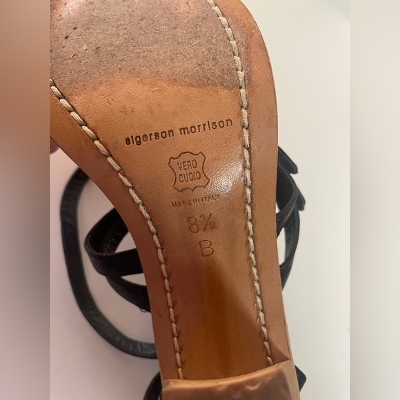 Sigerson Morrison Women’s Greek Black Leather Wood Heel Sandals - Picture 4 of 16